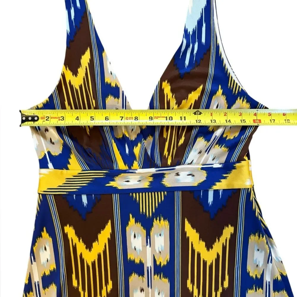 Tory Burch Silk Dress Southwestern Aztec Jersey Blue Yellow Sleeveless Medium